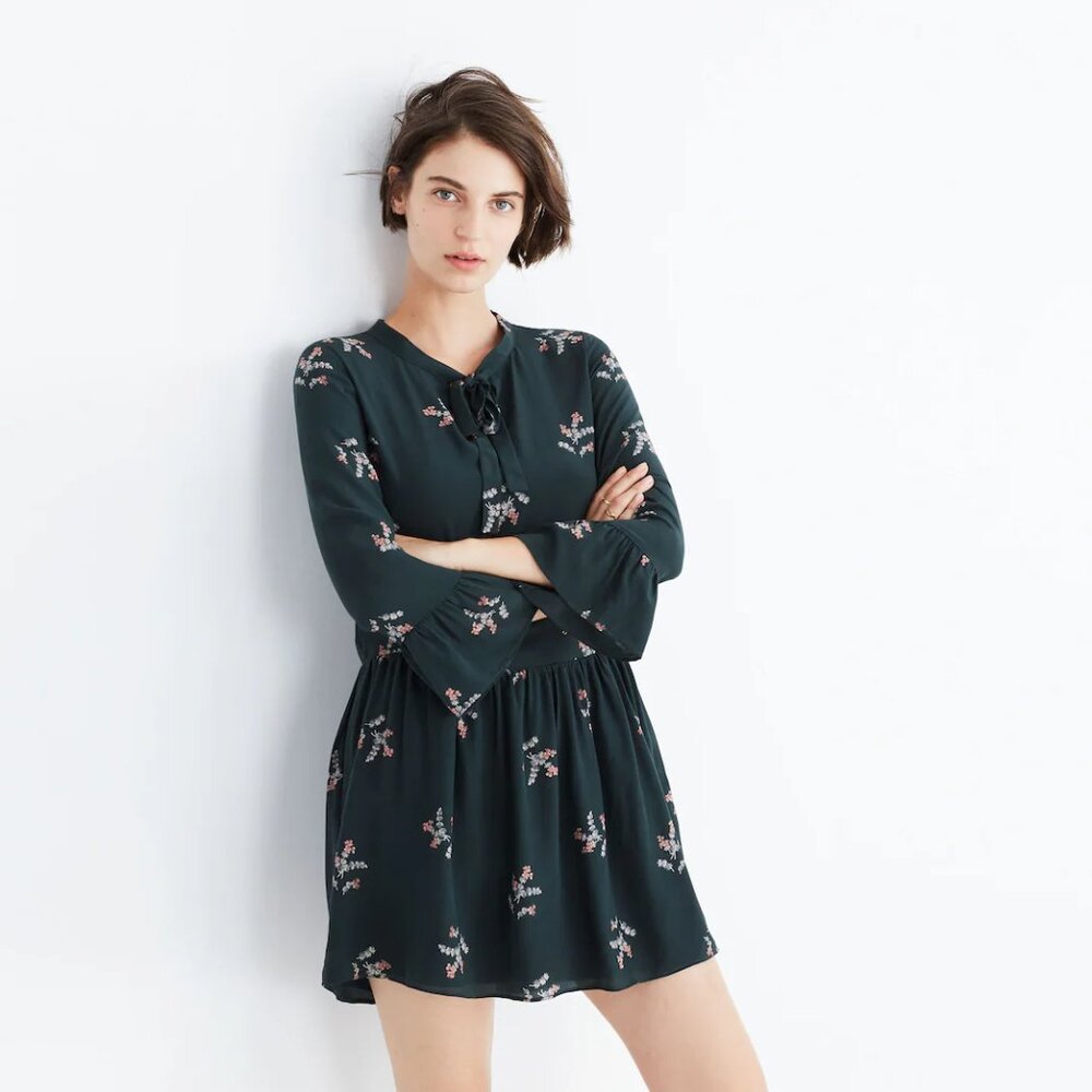 Madewell Silk Tie-Neck Dress in Wild Botanic
